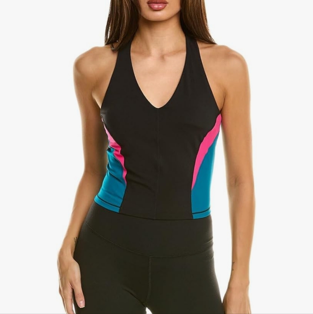 NWT Sweaty Betty Black Racerback Top with Pink and Blue Accents